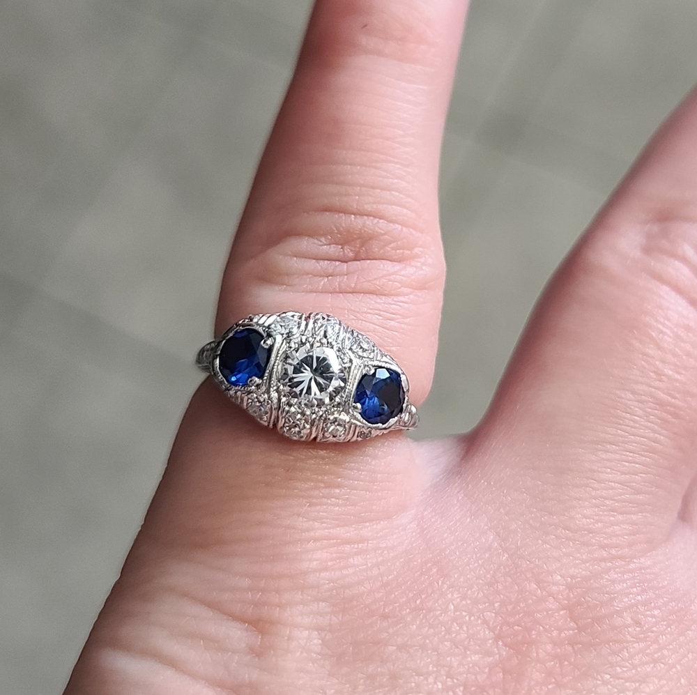 Platinum Art Deco Sapphire Diamond Cubic Zirconia - Picture 8 of 12